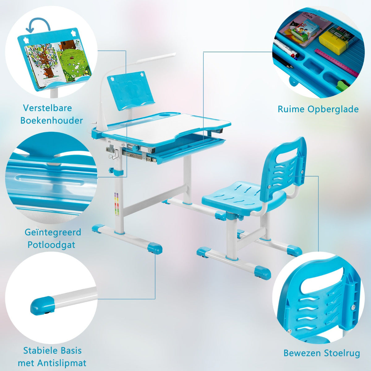 LIVSK Verstelbare Kinderbureau en Stoelen Set - Duurzaam MDF - LED Lamp - Boekenstandaard - Tot 100 kg - Blauw