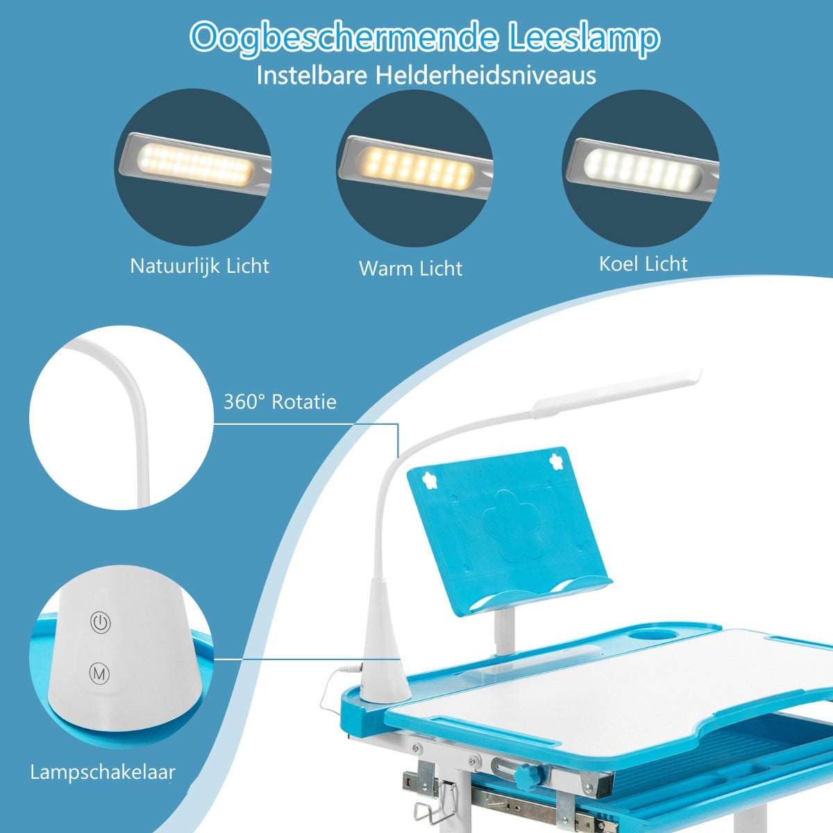 LIVSK Verstelbare Kinderbureau en Stoelen Set - Duurzaam MDF - LED Lamp - Boekenstandaard - Tot 100 kg - Blauw
