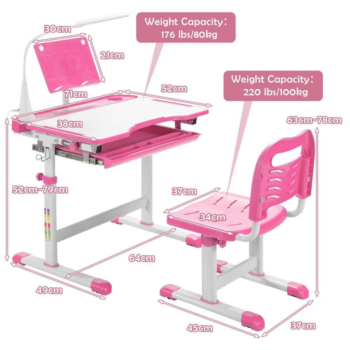LIVSK Verstelbare Kinderbureau en Stoelen Set - Duurzaam MDF - LED Verlichting - Tot 100 kg - Voor Kinderen 4 jaar+ - Roze