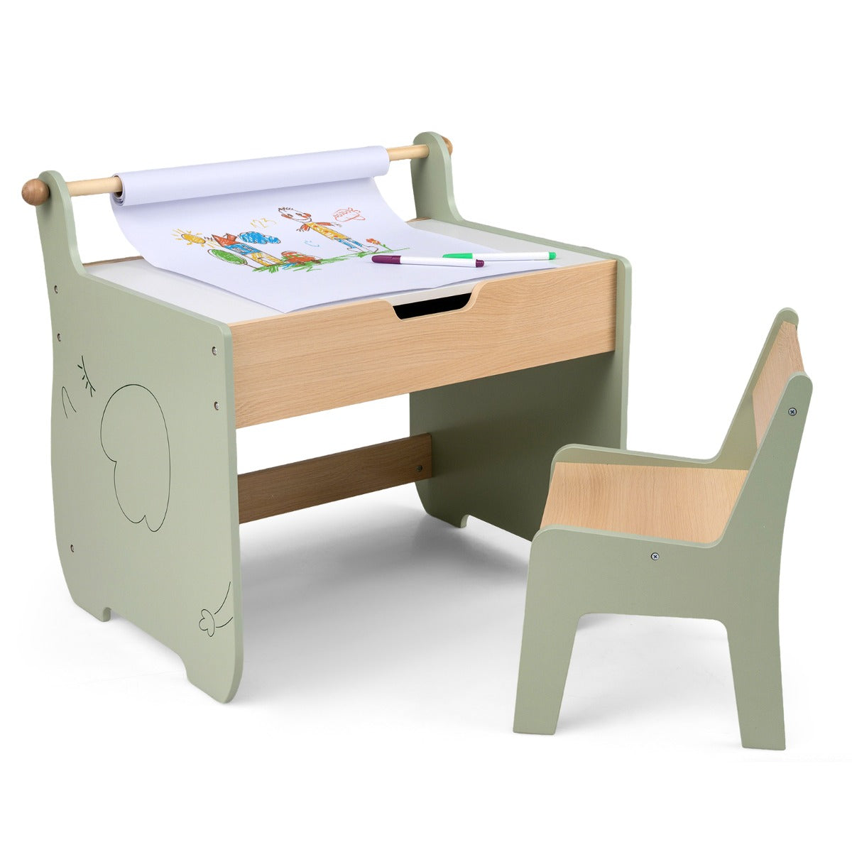 Livsk costway kinderbureau en stoelenset kinderzitmeubelset voor binnen met een omkeerbaar tafelblad