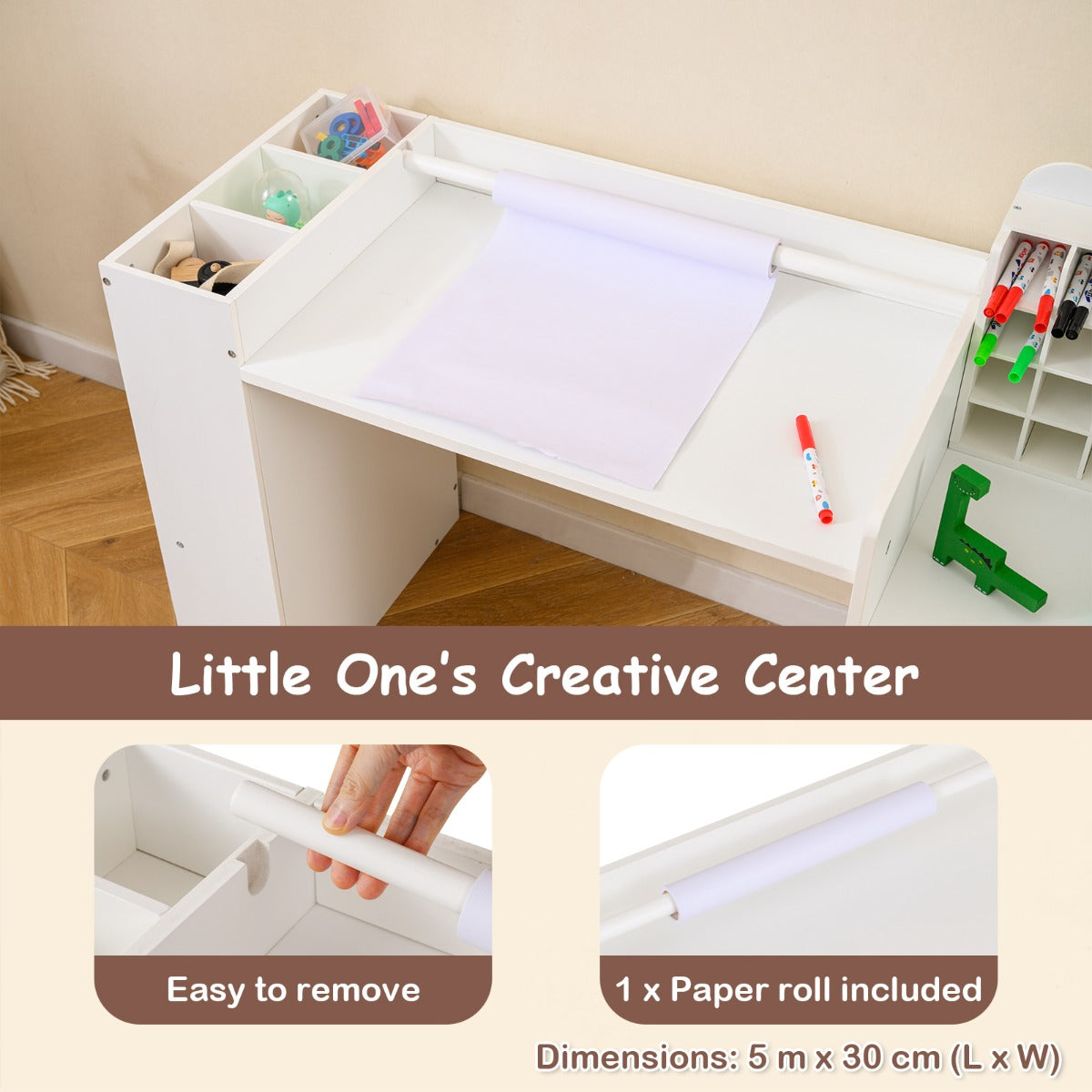 Livsk costway kinderbureau en stoelenset kunstbureau met afneembare papierrolhouder en archiefkast 3