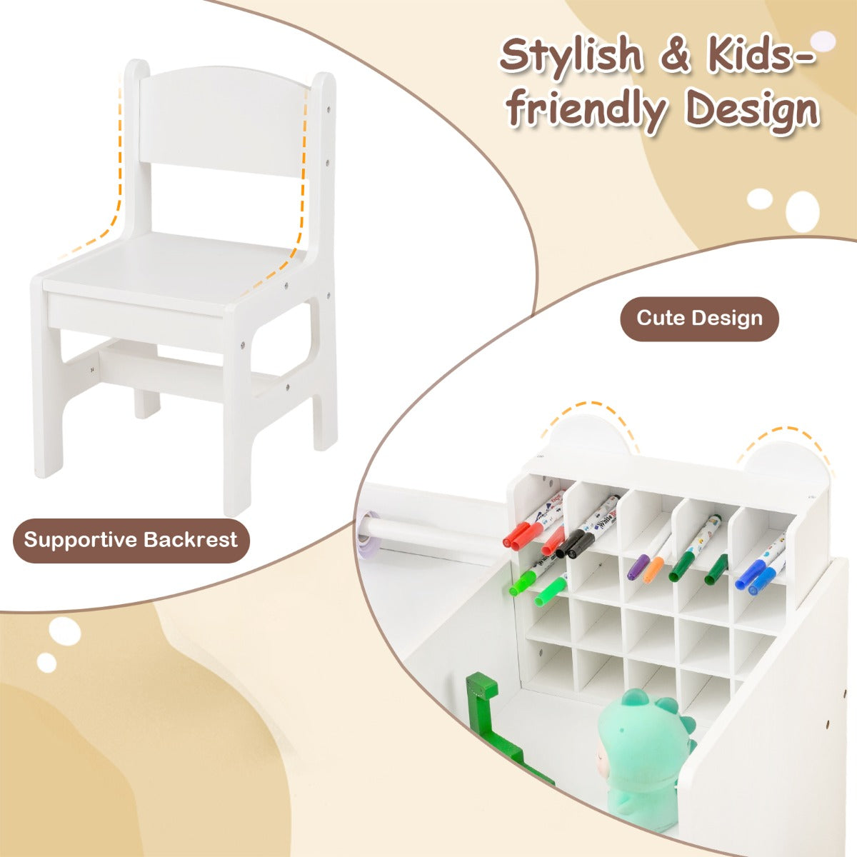Livsk costway kinderbureau en stoelenset kunstbureau met afneembare papierrolhouder en archiefkast 5