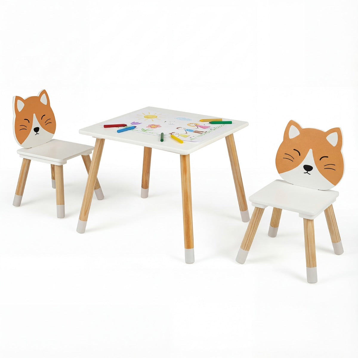Livsk costway kinderbureau en stoelenset met houten poten kinderzitgroep met rechthoekige tafel en stoel in de vorm van een kat 1