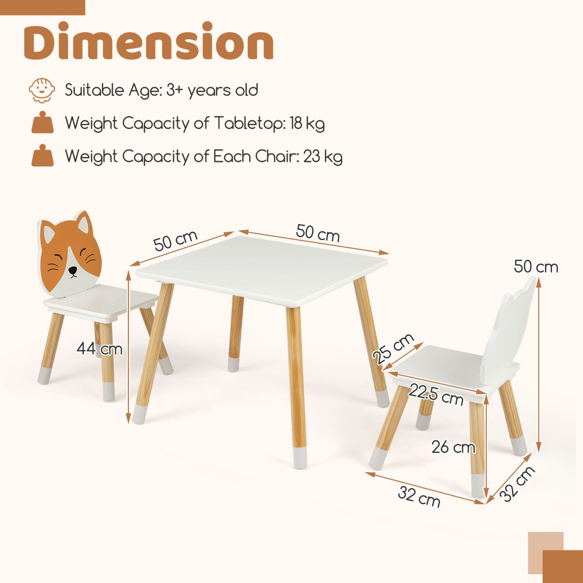 Livsk costway kinderbureau en stoelenset met houten poten kinderzitgroep met rechthoekige tafel en stoel in de vorm van een kat