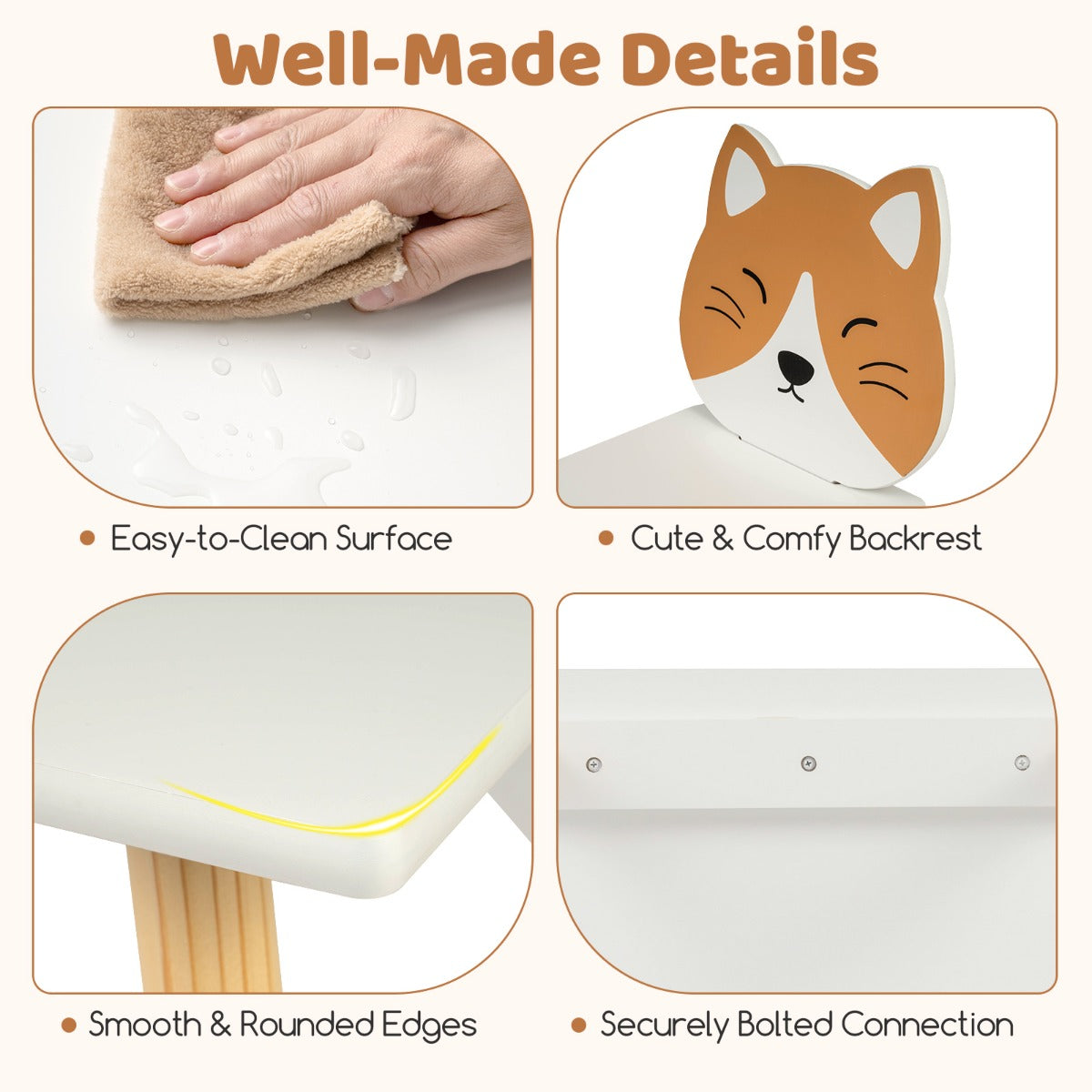 Livsk costway kinderbureau en stoelenset met houten poten kinderzitgroep met rechthoekige tafel en stoel in de vorm van een kat