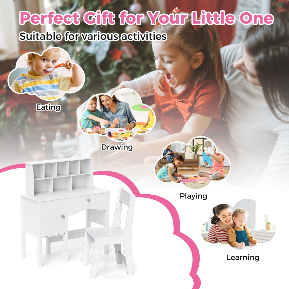 LIVSK Kindertafel- en Stoelenset - Veilig MDF-frame - Grote Opbergruimte - Anti-kantelfunctie - Wit