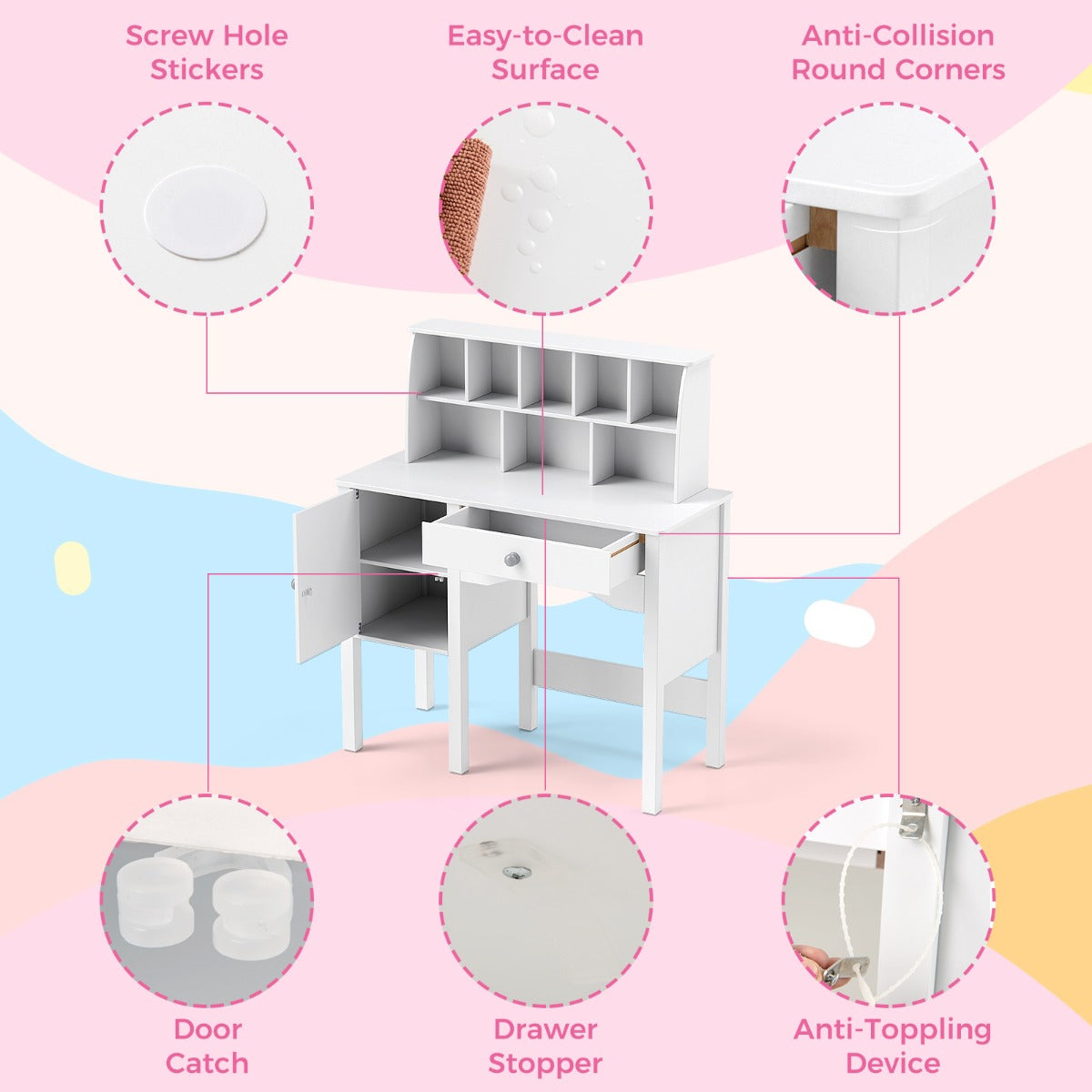 LIVSK Kindertafel- en Stoelenset - Veilig MDF-frame - Grote Opbergruimte - Anti-kantelfunctie - Wit
