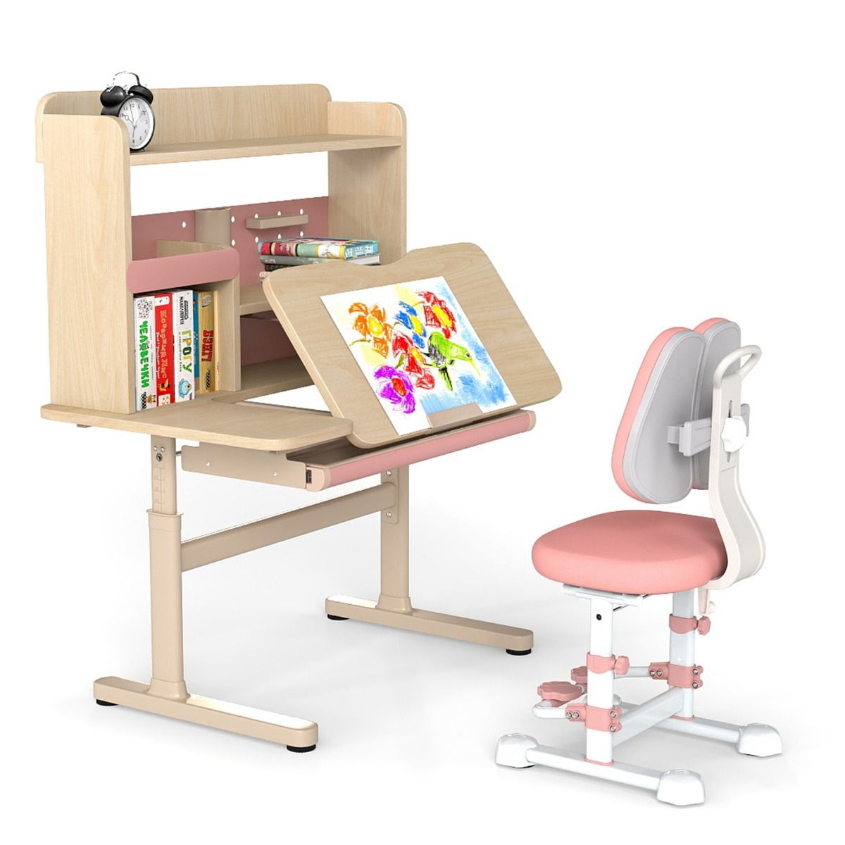 Livsk costway kinderbureau met kinderstoel schoolbureau ergonomische kinder bureaustoel roze 1 1