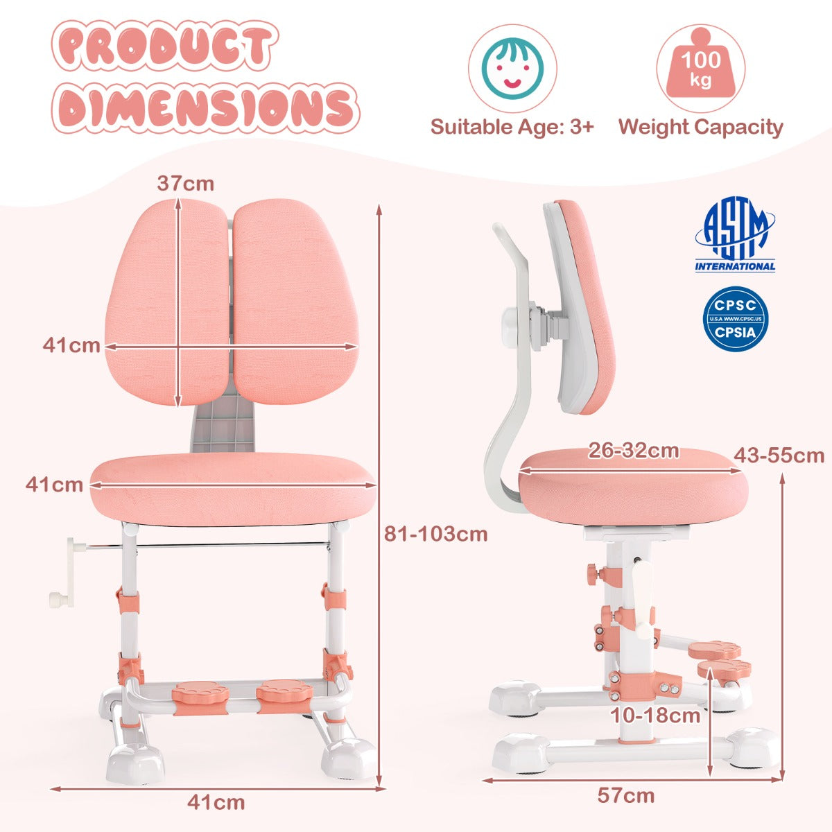 Livsk costway kinderbureau met kinderstoel schoolbureau ergonomische kinder bureaustoel roze 3