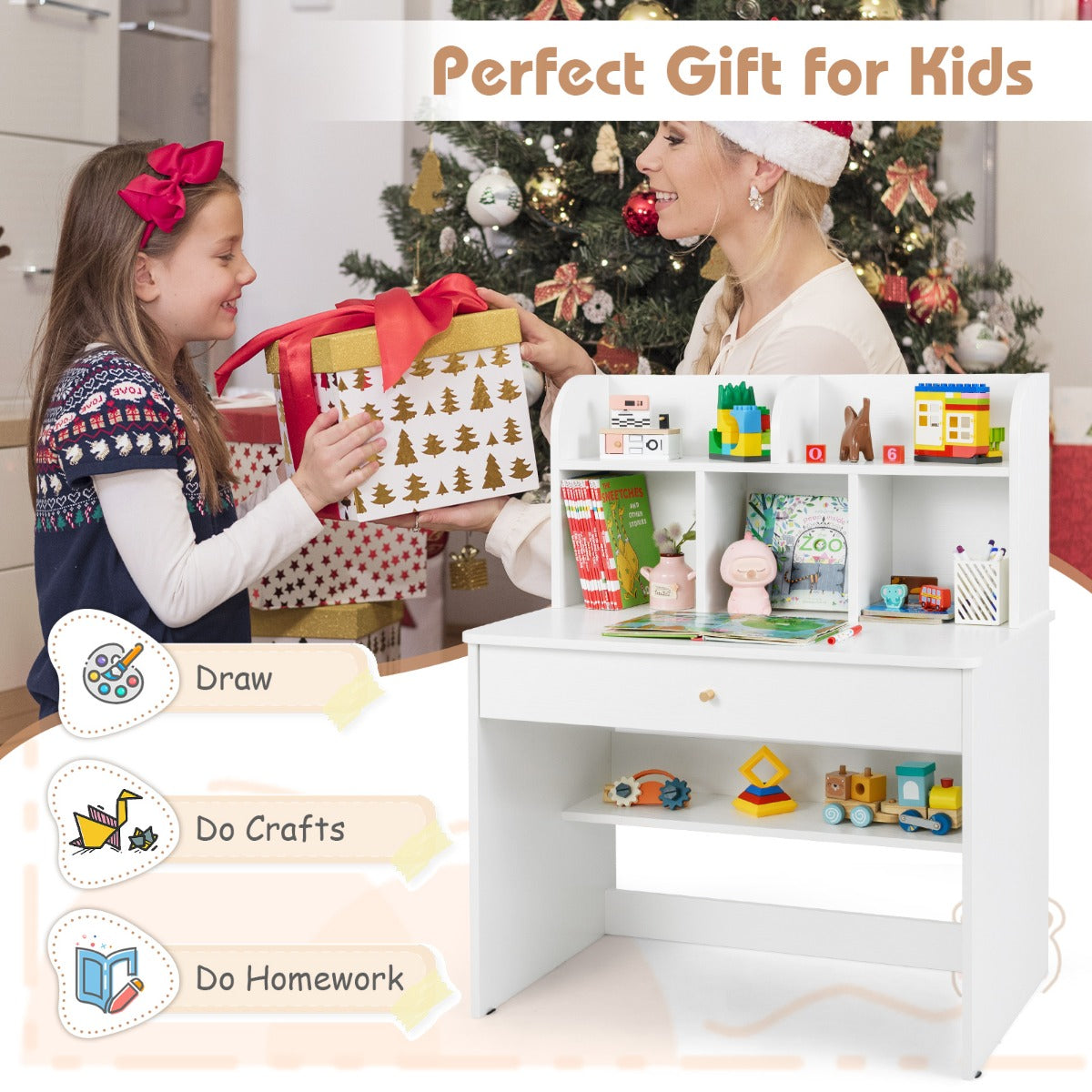 LIVSK Houten Kinderschrijftafel met Opbergvak - 5 Vakken en Grote Lade - Veilig en Kindvriendelijk - 80 x 48 x 102 cm - Wit