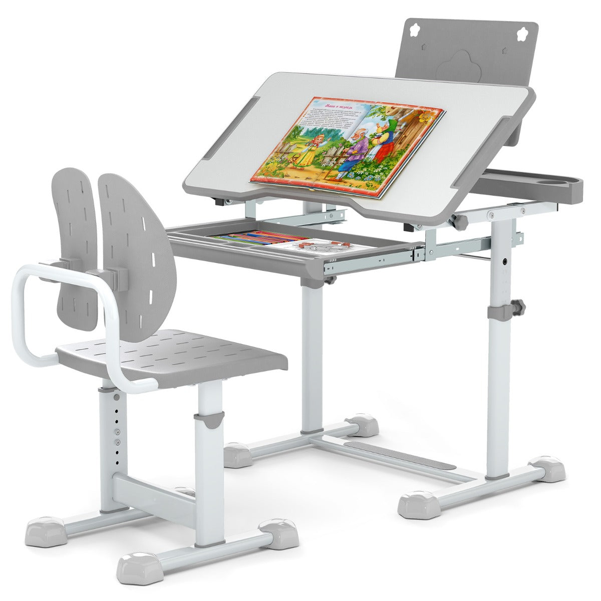 LIVSK Kinderbureau en Stoelen - Set - Hoogteverstelbaar - Kantelbaar Bureaublad - Ergonomische Stoel - Boekensteun - Grijs