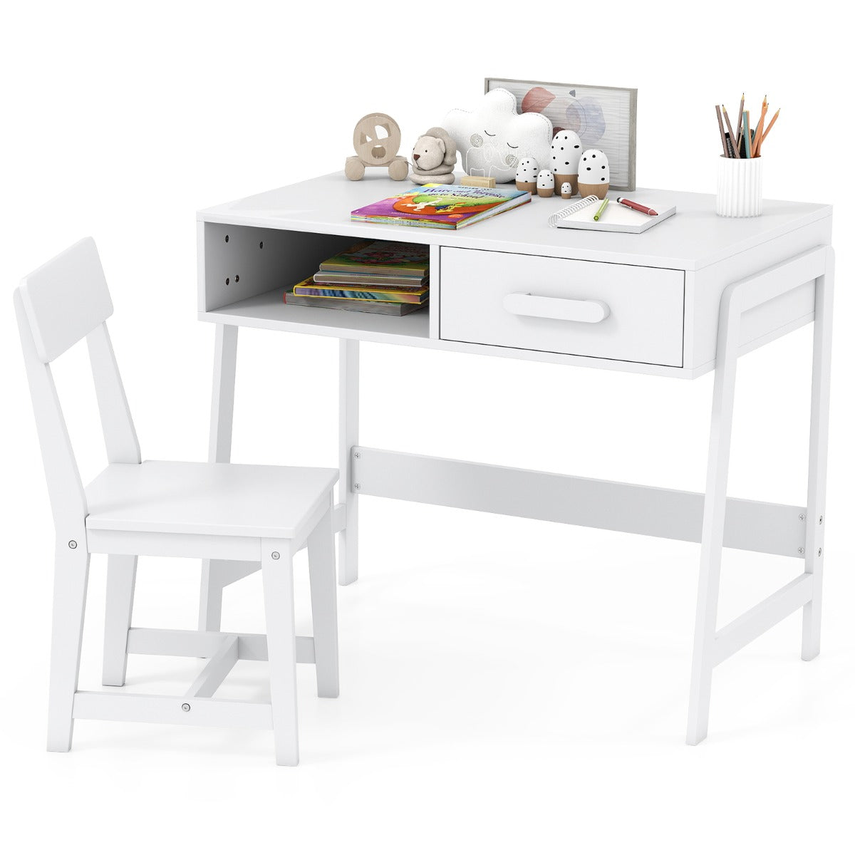 LIVSK Bureauset voor Kinderen - Ruim Bureau met Plank en Lade - Ergonomische Stoel met Hoge Rugleuning - Veilig en Duurzaam - Wit