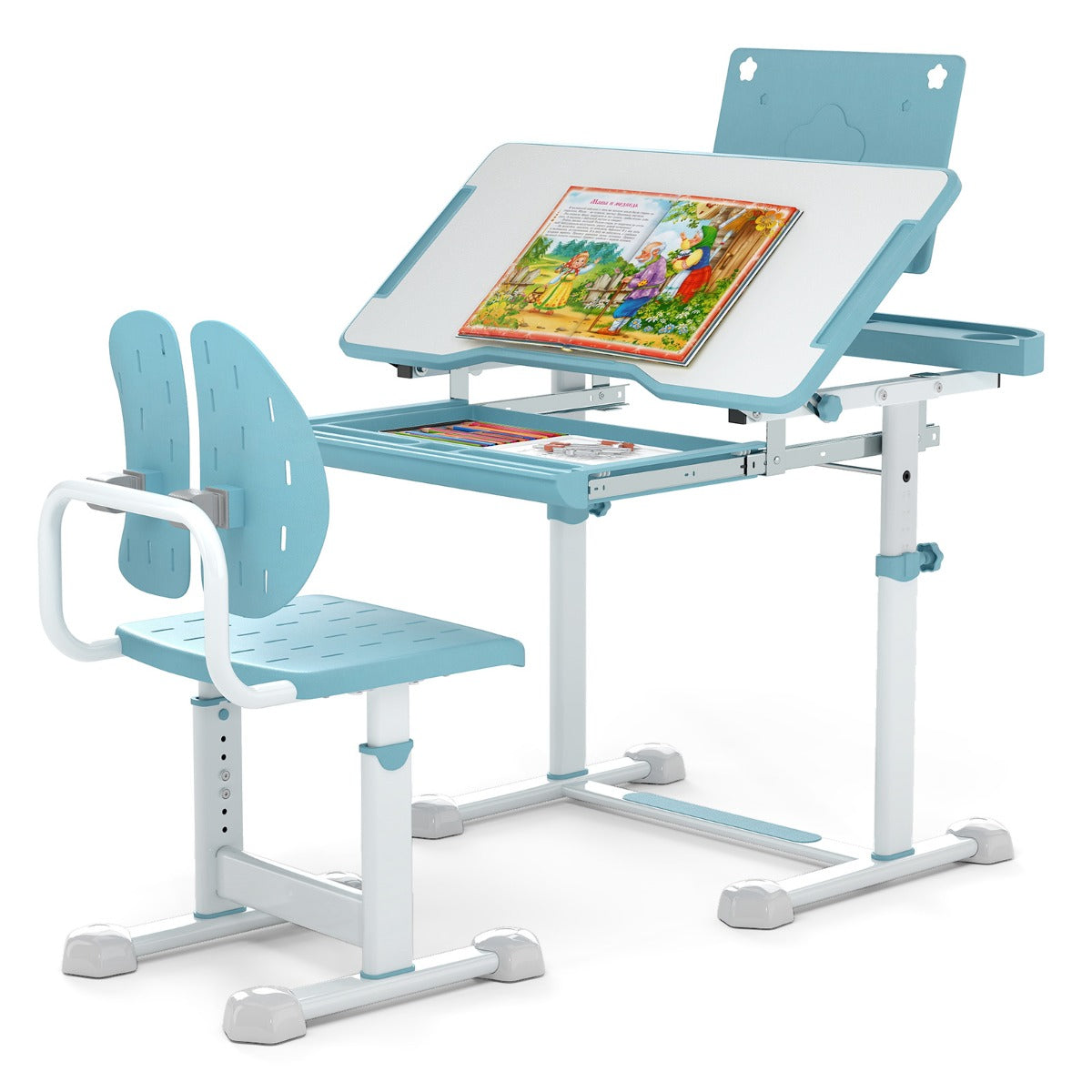 LIVSK Verstelbaar Kinderbureau met Ergonomische Stoel - Inklapbaar Bureaublad - Boekenstandaard - Ruime Opbergruimte - Blauw