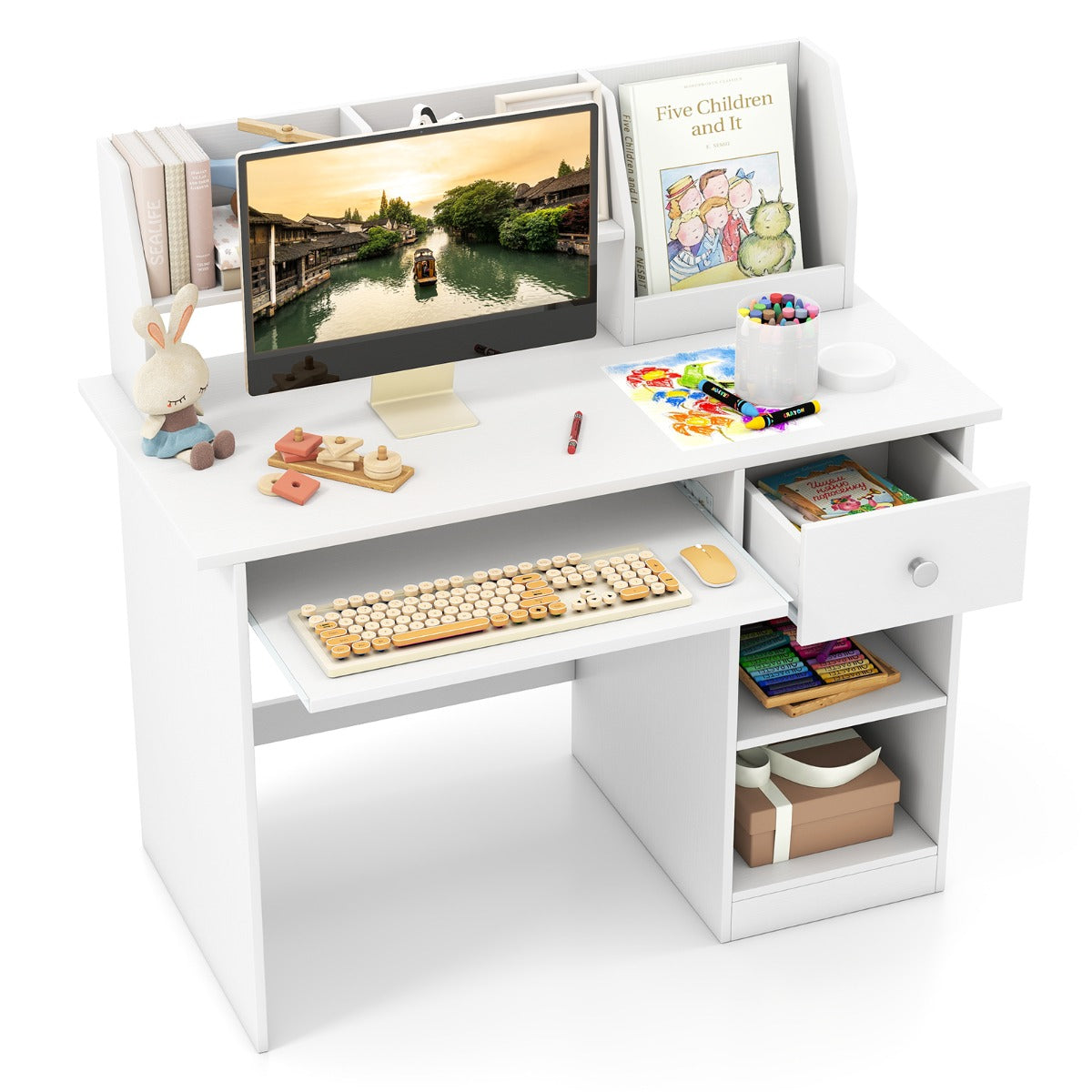 Livsk costway kinderbureau met toetsenbordlade en opbergvakken wit