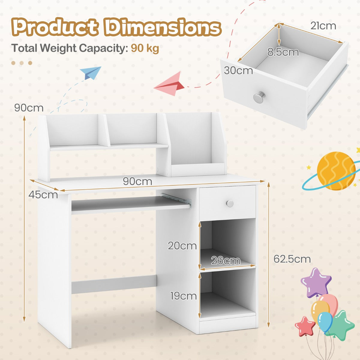 Livsk costway kinderbureau met toetsenbordlade en opbergvakken wit 2