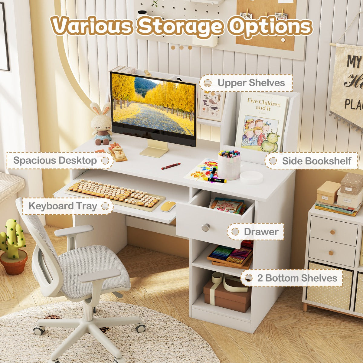 Livsk costway kinderbureau met toetsenbordlade en opbergvakken wit 3
