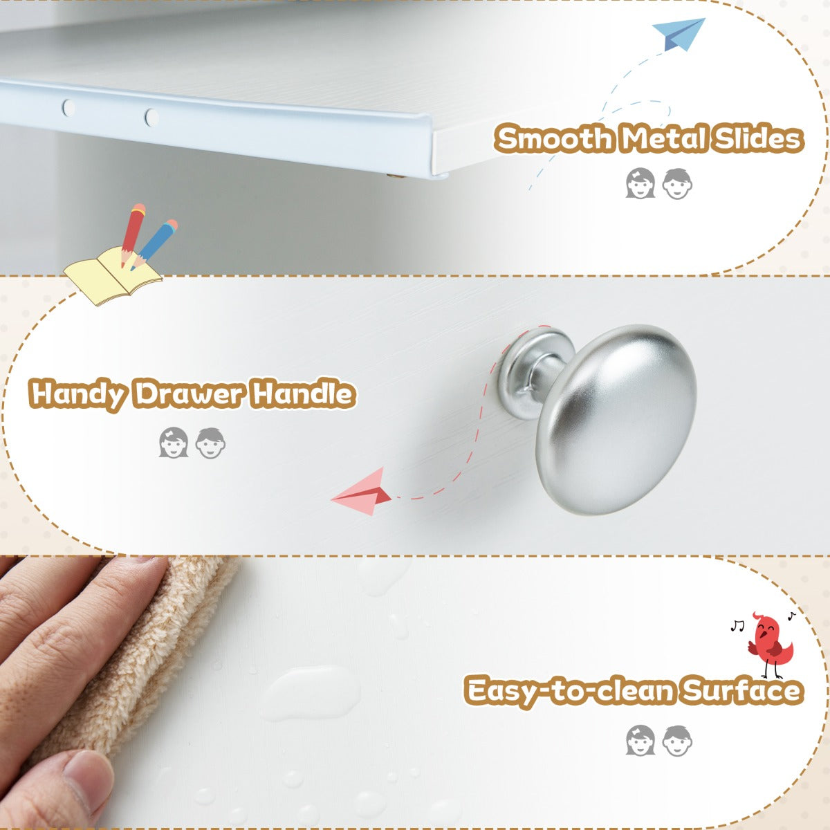 Livsk costway kinderbureau met toetsenbordlade en opbergvakken wit 4