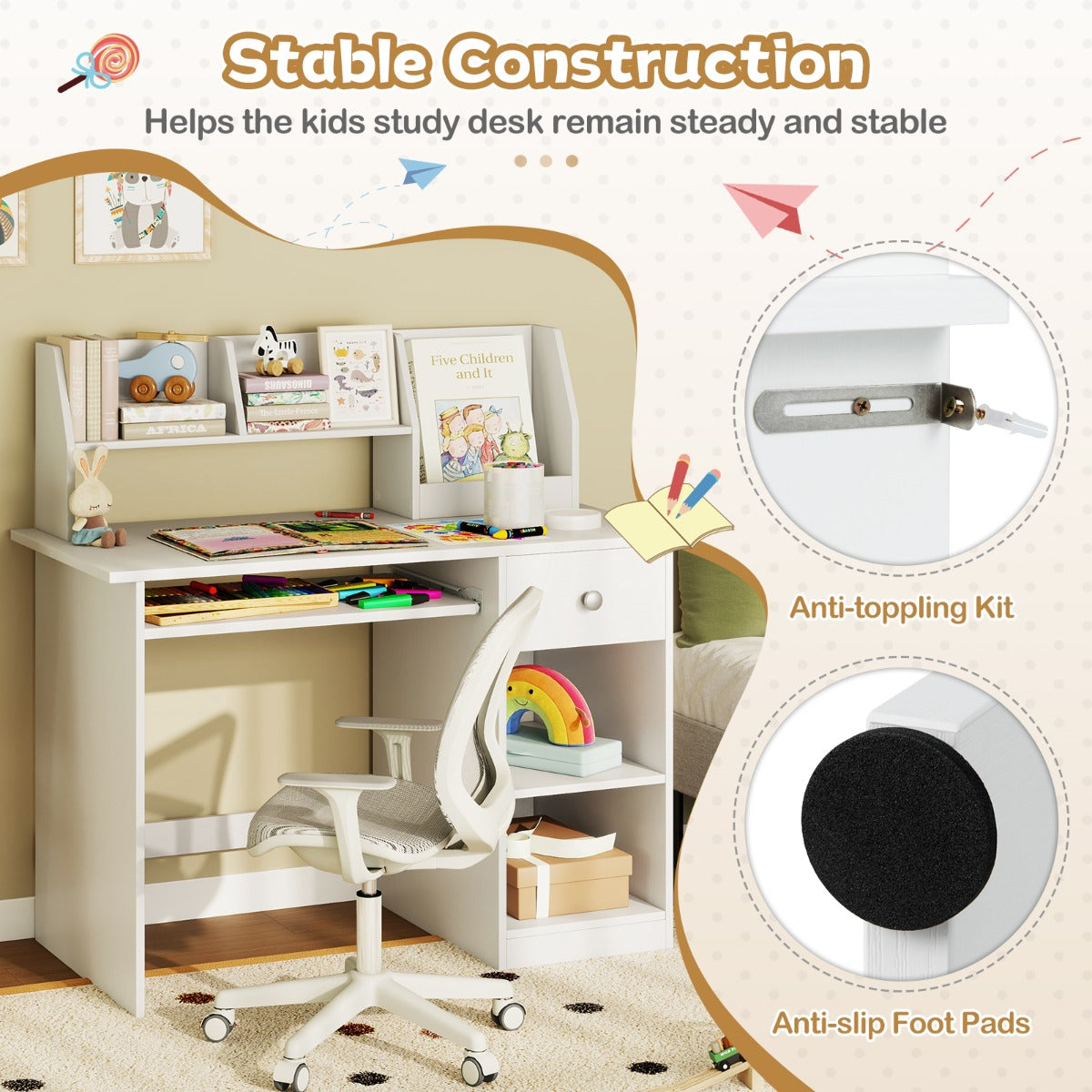 Livsk costway kinderbureau met toetsenbordlade en opbergvakken wit 5