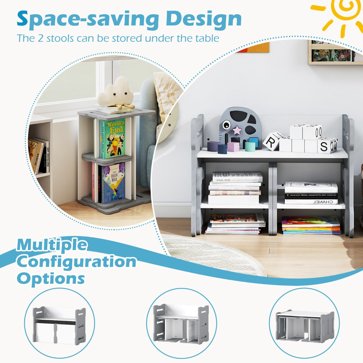 Livsk costway kinderbureau met twee stoelen ruimtebesparende kinderbureau en stoelenset stevige kinderzitmeubelset grijs 4
