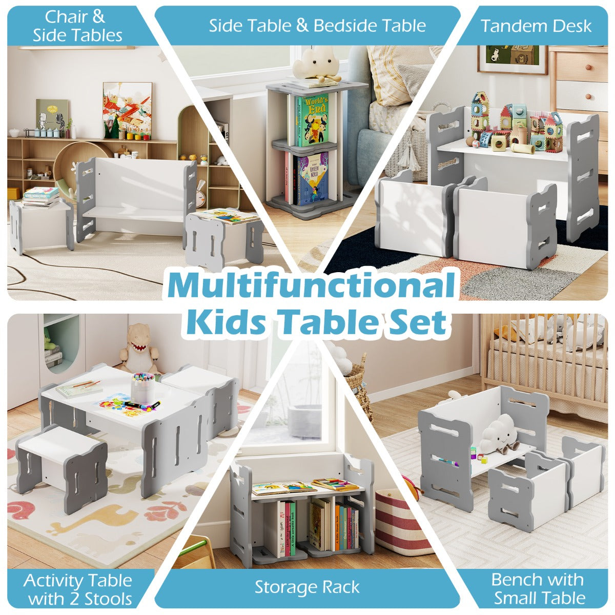 Livsk costway kinderbureau met twee stoelen ruimtebesparende kinderbureau en stoelenset stevige kinderzitmeubelset grijs 5