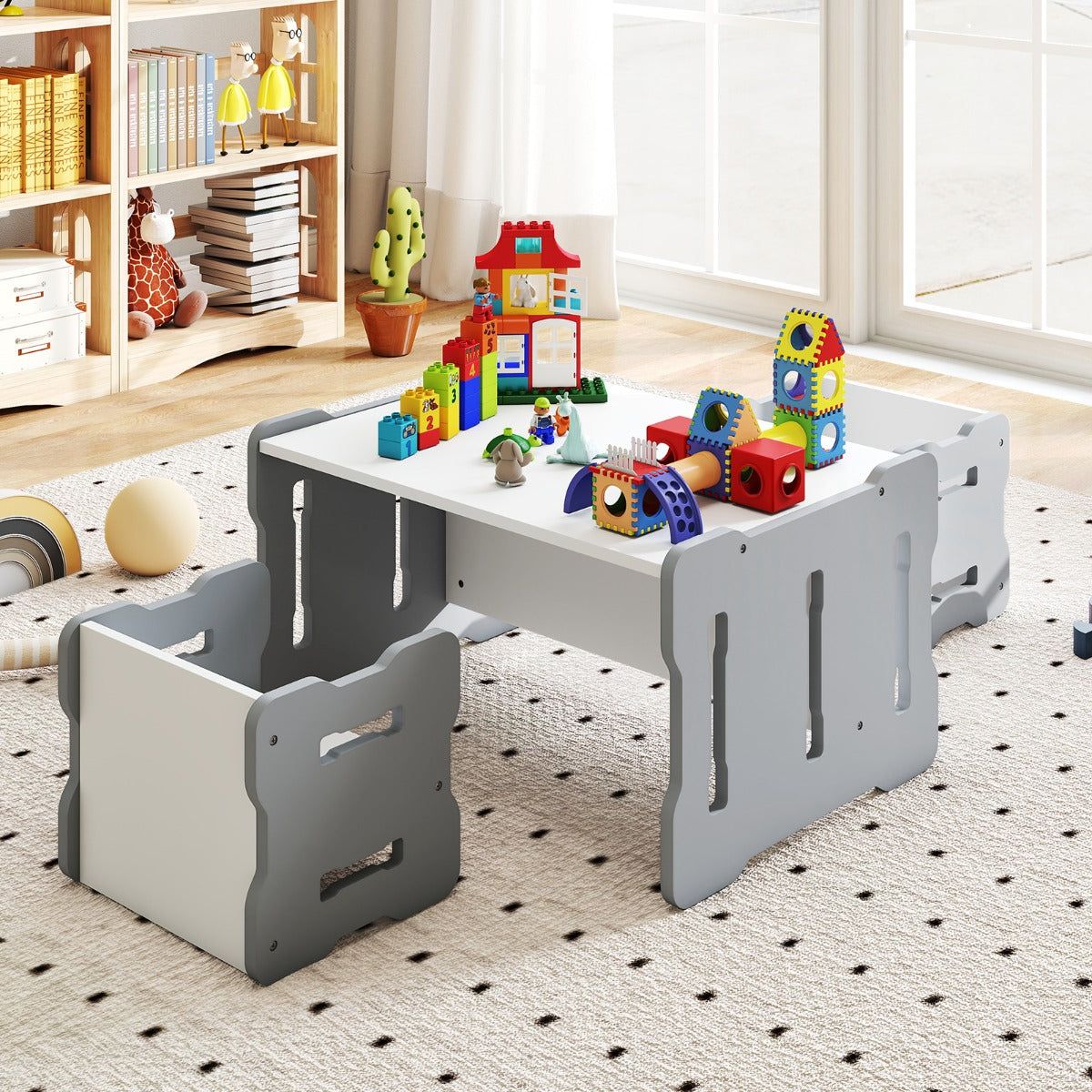 Livsk costway kinderbureau met twee stoelen ruimtebesparende kinderbureau en stoelenset stevige kinderzitmeubelset grijs 6
