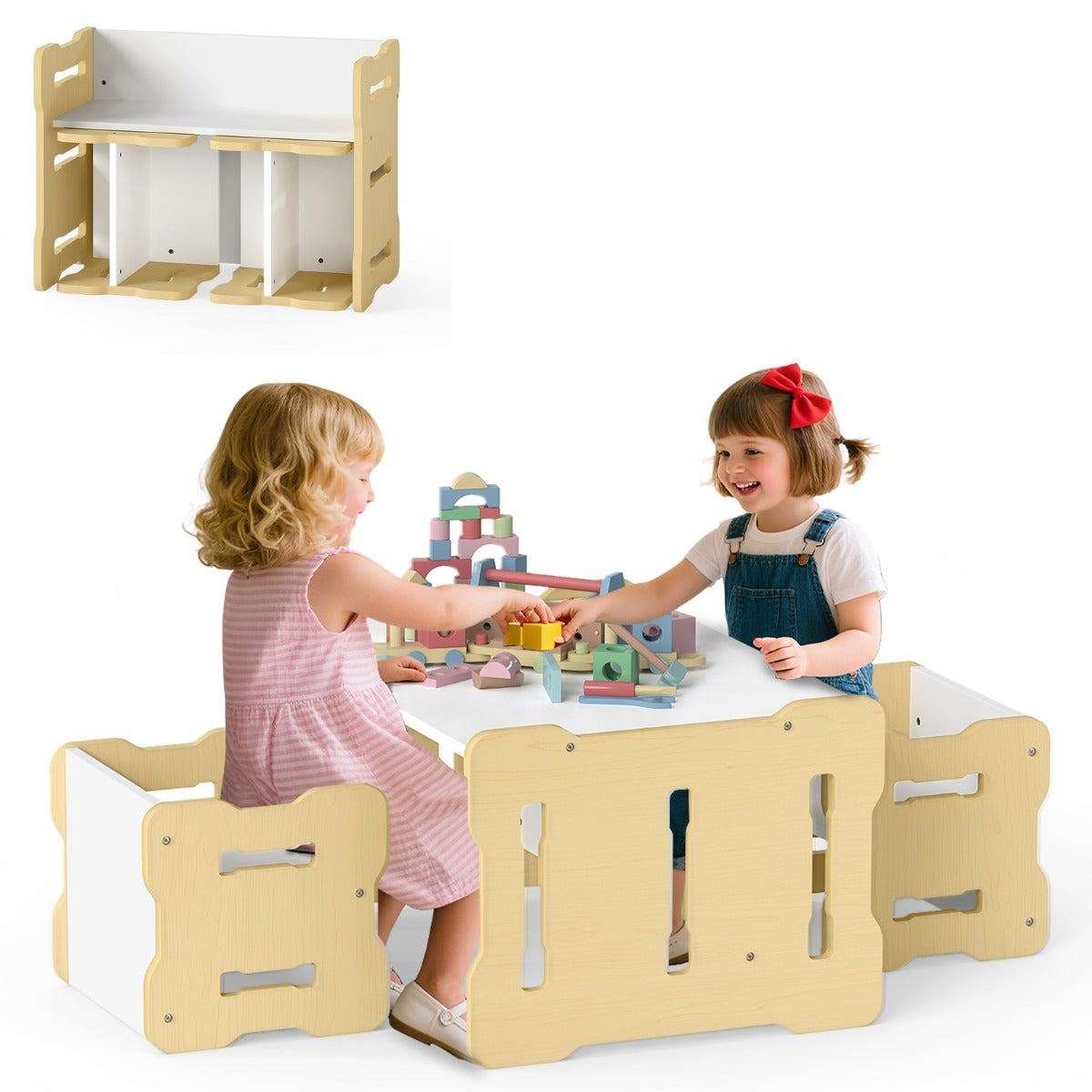 Livsk costway kinderbureau met twee stoelen ruimtebesparende kinderbureau en stoelenset stevige kinderzitmeubelset naturel