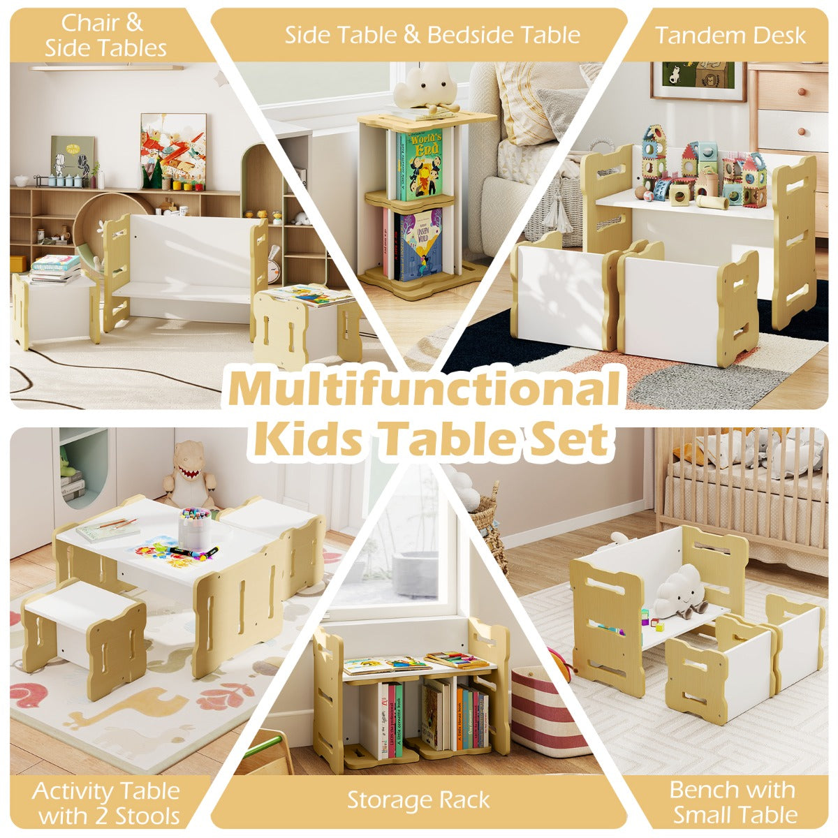 Livsk costway kinderbureau met twee stoelen ruimtebesparende kinderbureau en stoelenset stevige kinderzitmeubelset naturel 6