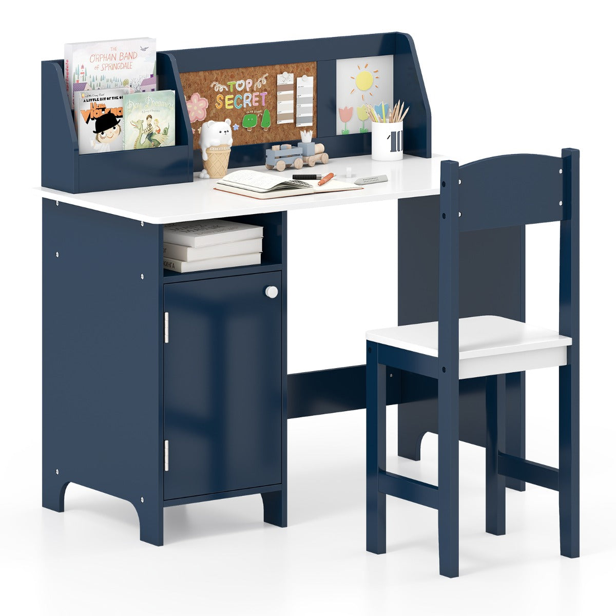 LIVSK Kinderbureau Set - Houten Stoel met Kurkbord en Magnetisch Whiteboard - Ergonomisch - Grijs / Blauw