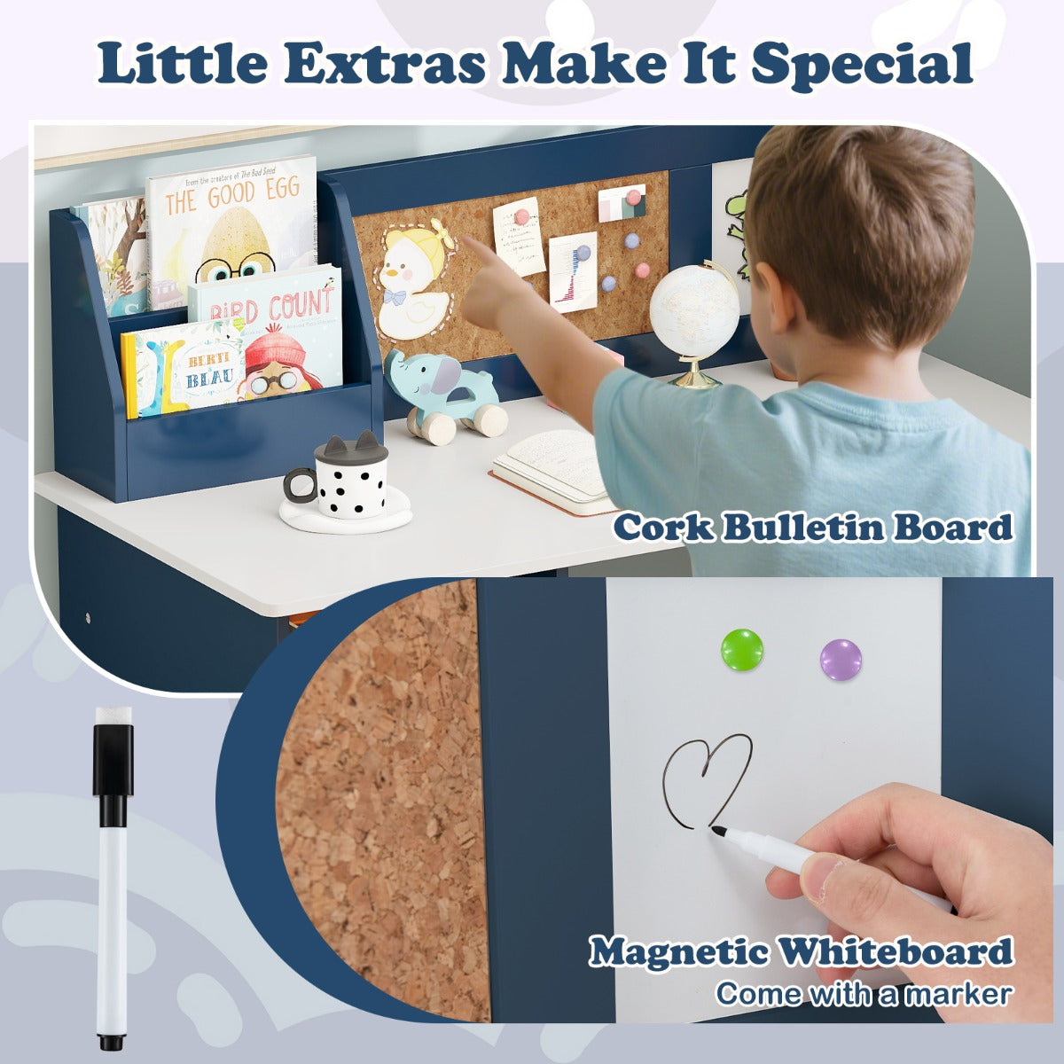 LIVSK Kinderbureau Set - Houten Stoel met Kurkbord en Magnetisch Whiteboard - Ergonomisch - Grijs / Blauw
