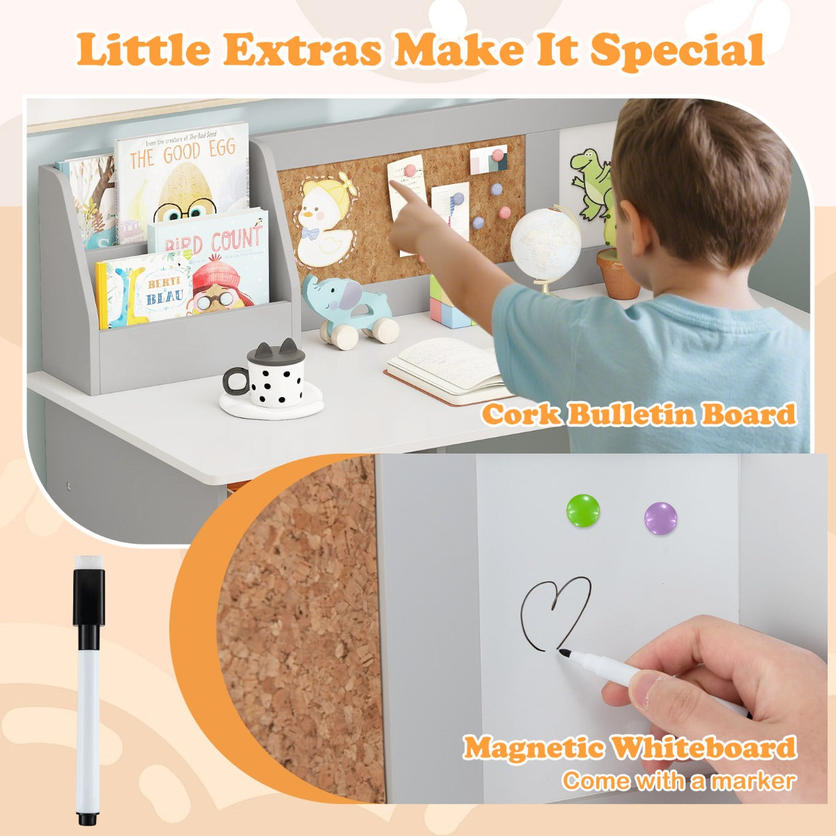 LIVSK Kinderbureau Set met Stoel - Ergonomisch met Opbergruimte - Kurkbord en Whiteboard - 90 x 45 x 85,5 cm - Grijs/Blauw
