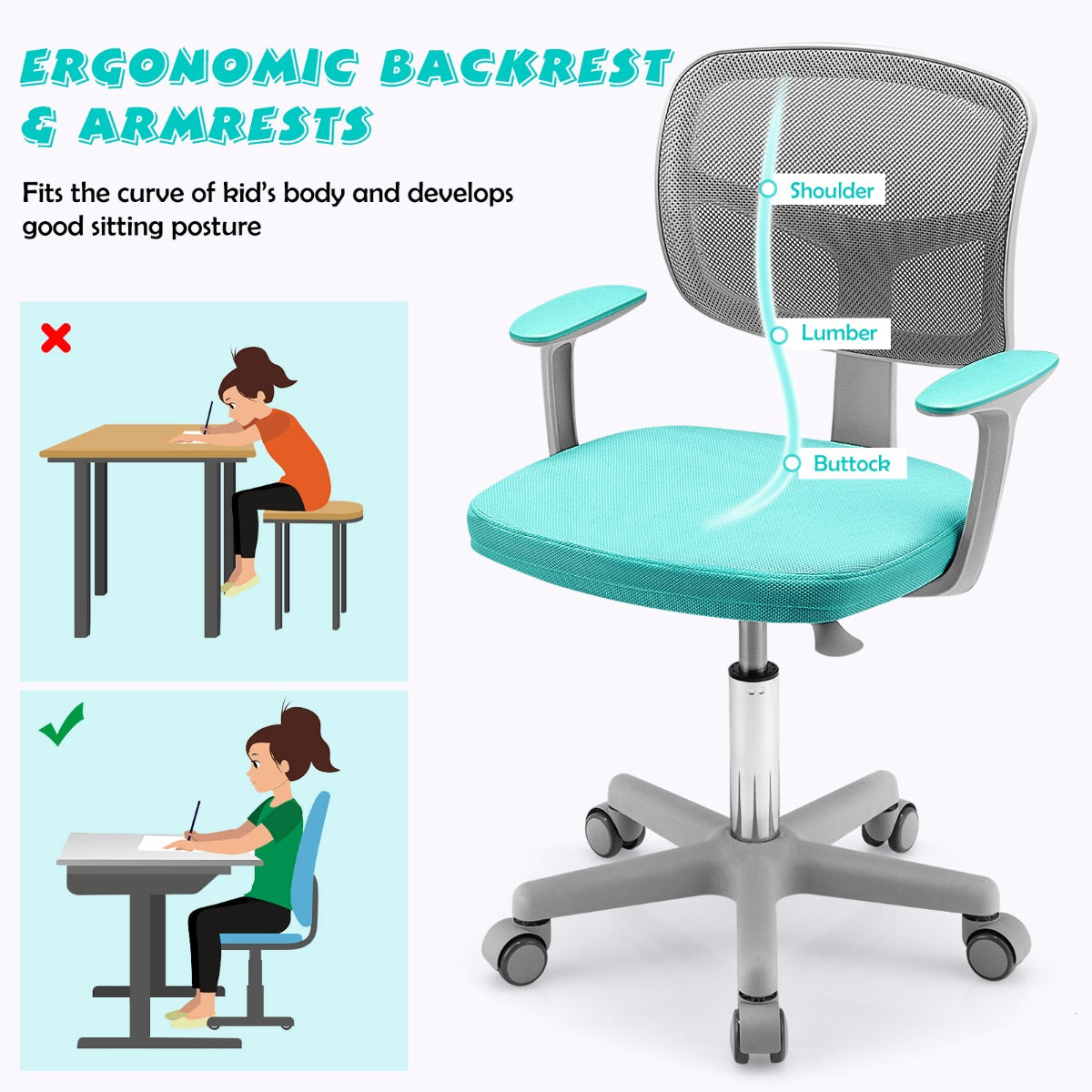 LIVSK Kinderbureaustoel - Ergonomisch Ontwerp - In Hoogte Verstelbaar 80-91,5 cm - 360° Draaibaar - Ademend - Turquoise