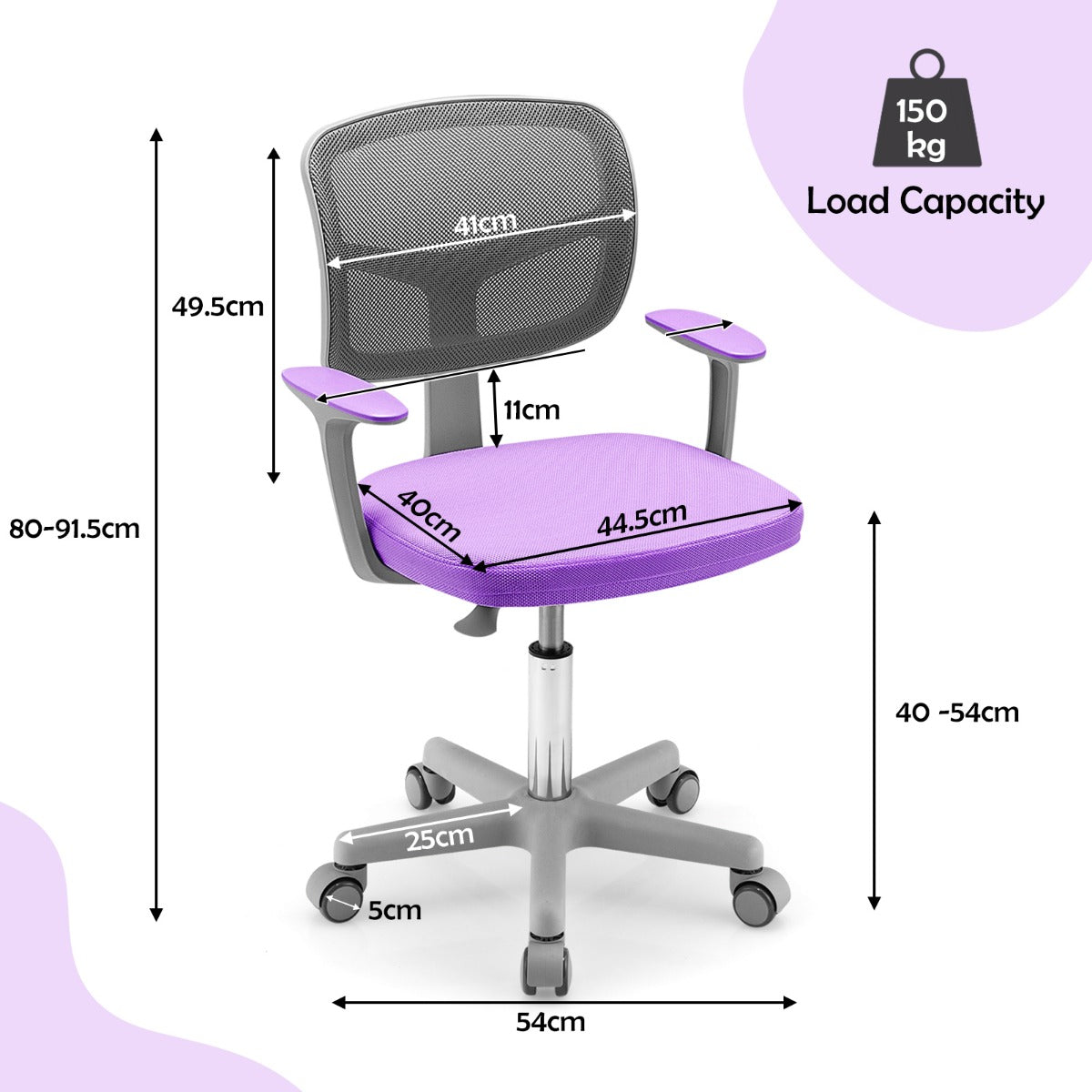 LIVSK Kinderbureaustoel - Ergonomisch Ontwerp - In Hoogte Verstelbaar 80-91,5 cm - 360° Draaibaar - Gewatteerde Zitting - Violet
