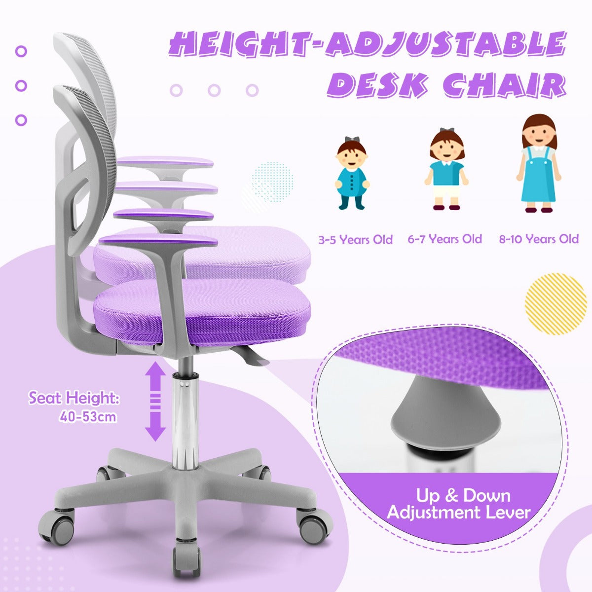 LIVSK Kinderbureaustoel - Ergonomisch Ontwerp - In Hoogte Verstelbaar 80-91,5 cm - 360° Draaibaar - Gewatteerde Zitting - Violet