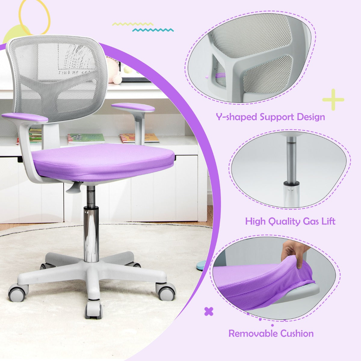 LIVSK Kinderbureaustoel - Ergonomisch Ontwerp - In Hoogte Verstelbaar 80-91,5 cm - 360° Draaibaar - Gewatteerde Zitting - Violet