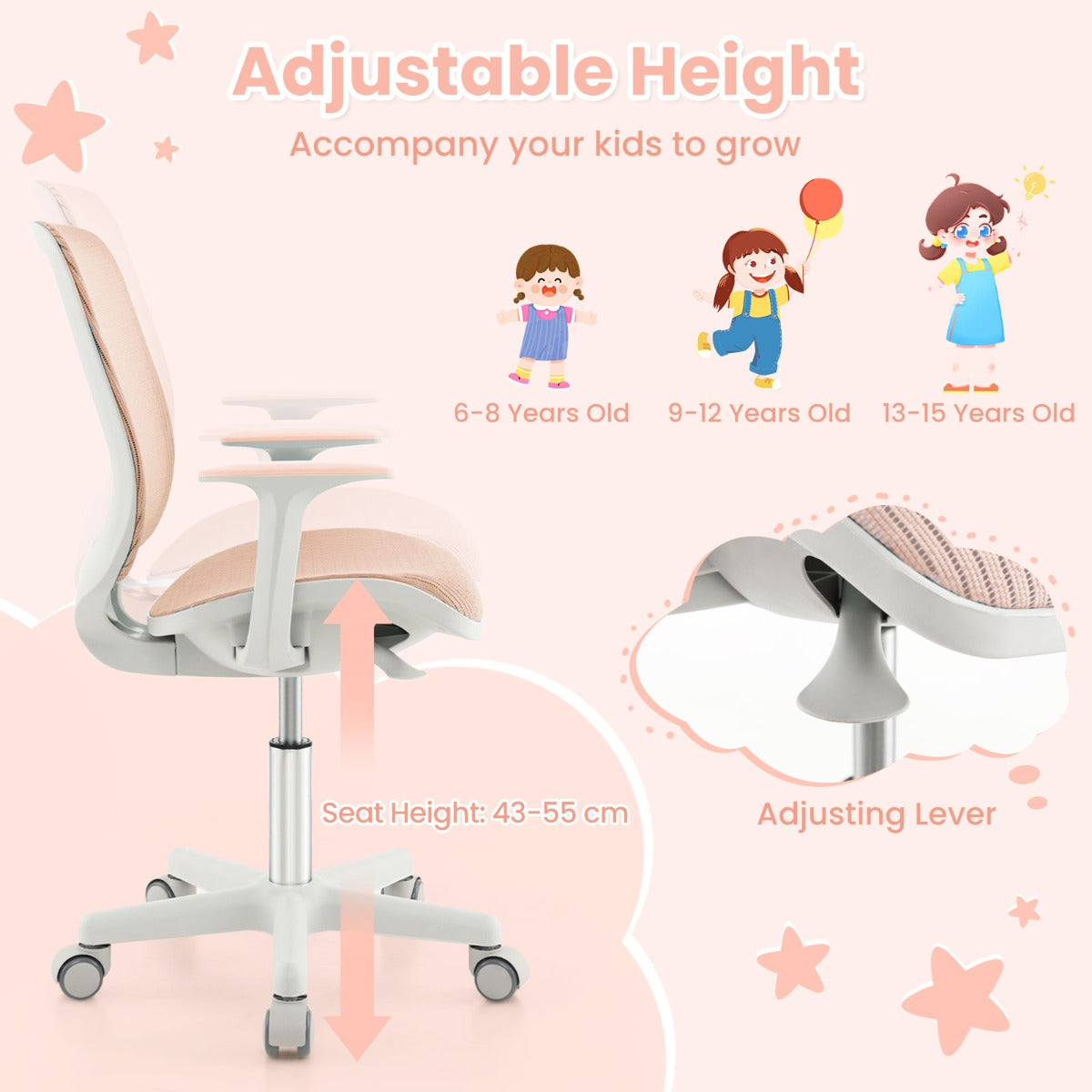 LIVSK In hoogte verstelbare Kinderbureaustoel - Ergonomisch - 360° draaibaar - Veilig met wielen - Tot 75 kg - Roze