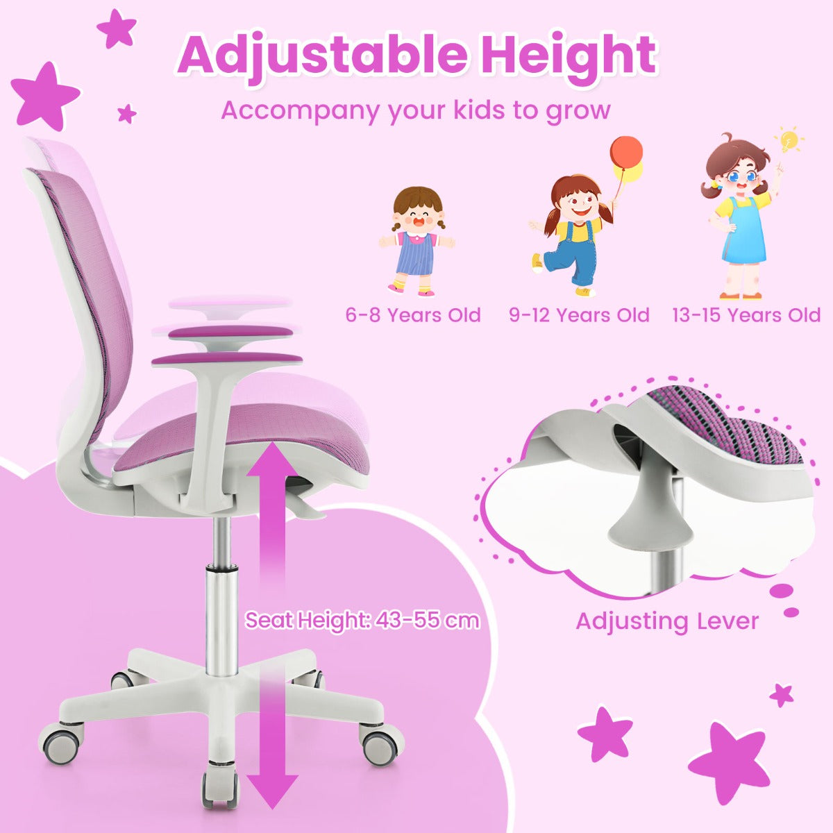 LIVSK Kinderbureaustoel - Hoogteverstelling 80-92 cm - Ergonomische Rugleuning - 360° Draaibaar - Voor 6-15 jaar - Paars