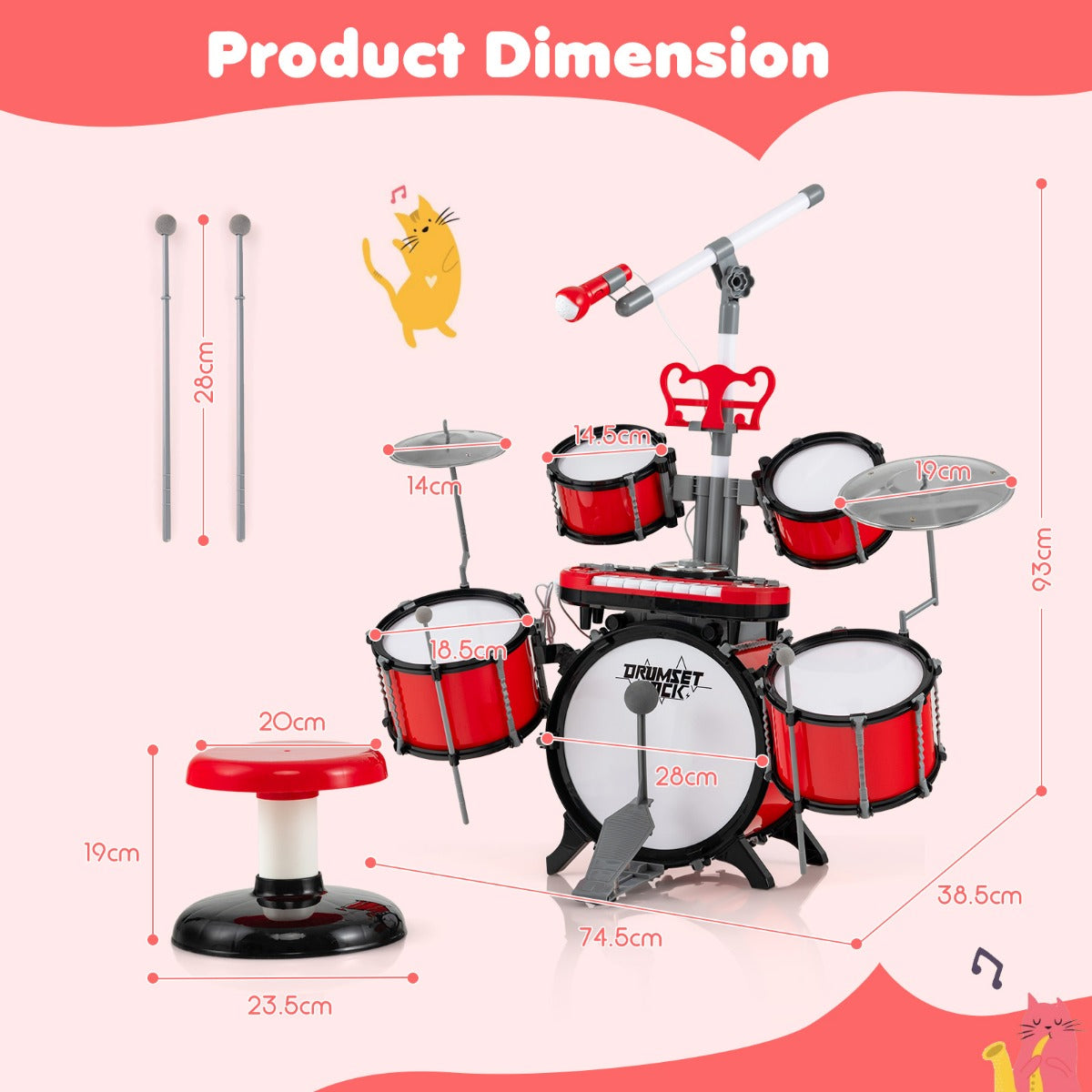 LIVSK Kinderdrumset met Toetsenbord en Microfoon - Inclusief Reserve Kickdrum - Educatief en Vermakelijk - Rood