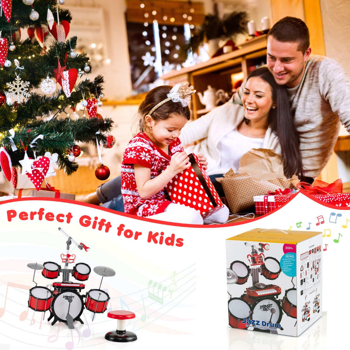 LIVSK Kinderdrumset met Toetsenbord en Microfoon - Inclusief Reserve Kickdrum - Educatief en Vermakelijk - Rood