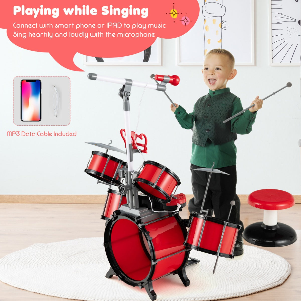 LIVSK Kinderdrumset met Toetsenbord en Microfoon - Inclusief Reserve Kickdrum - Educatief en Vermakelijk - Rood