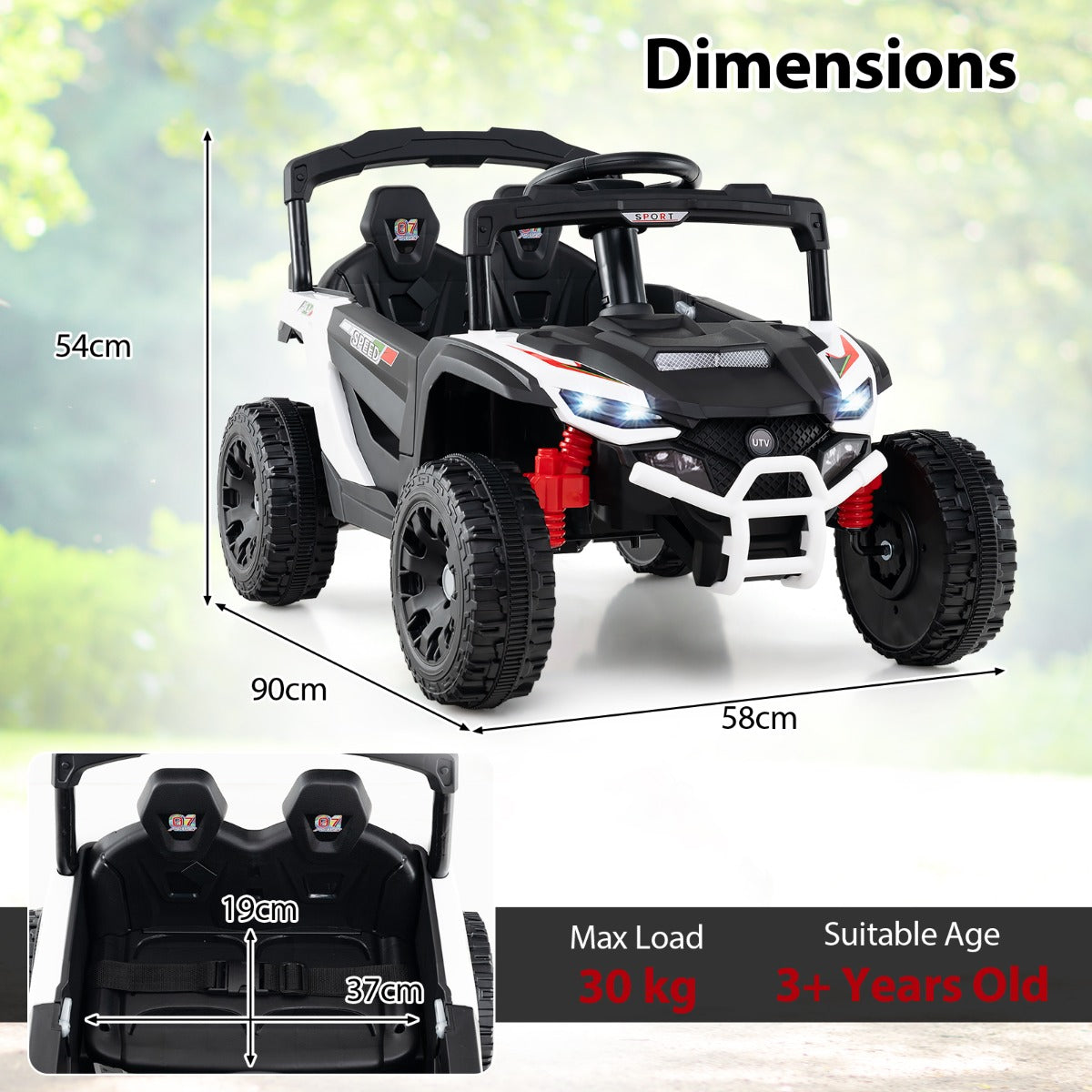 LIVSK Elektrische Kinderauto met Afstandsbediening - 2 Besturingsmodi - LED-koplampen - Tot 30 kg - 90 x 58 x 54 cm - Wit