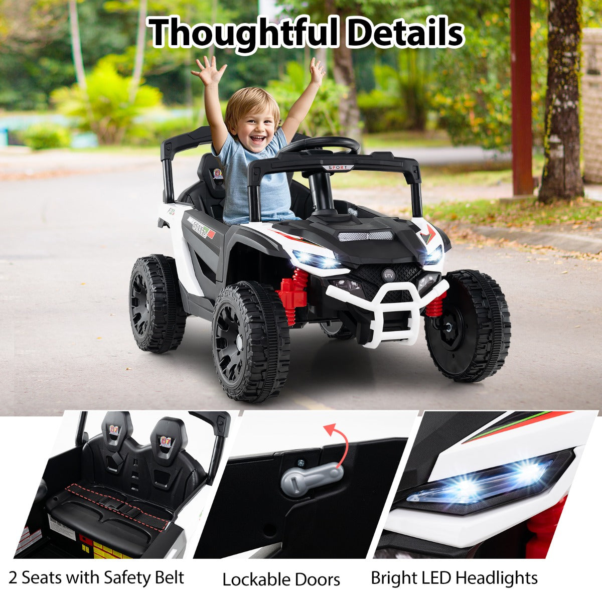 LIVSK Elektrische Kinderauto met Afstandsbediening - 2 Besturingsmodi - LED-koplampen - Tot 30 kg - 90 x 58 x 54 cm - Wit