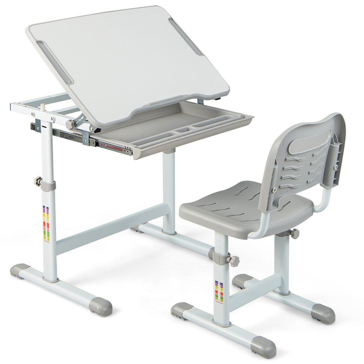 LIVSK Verstelbare Kinderbureau en Stoel Set - Ergonomisch Ontwerp - Gekanteld Tafelblad - Tot 100 kg - Grijs