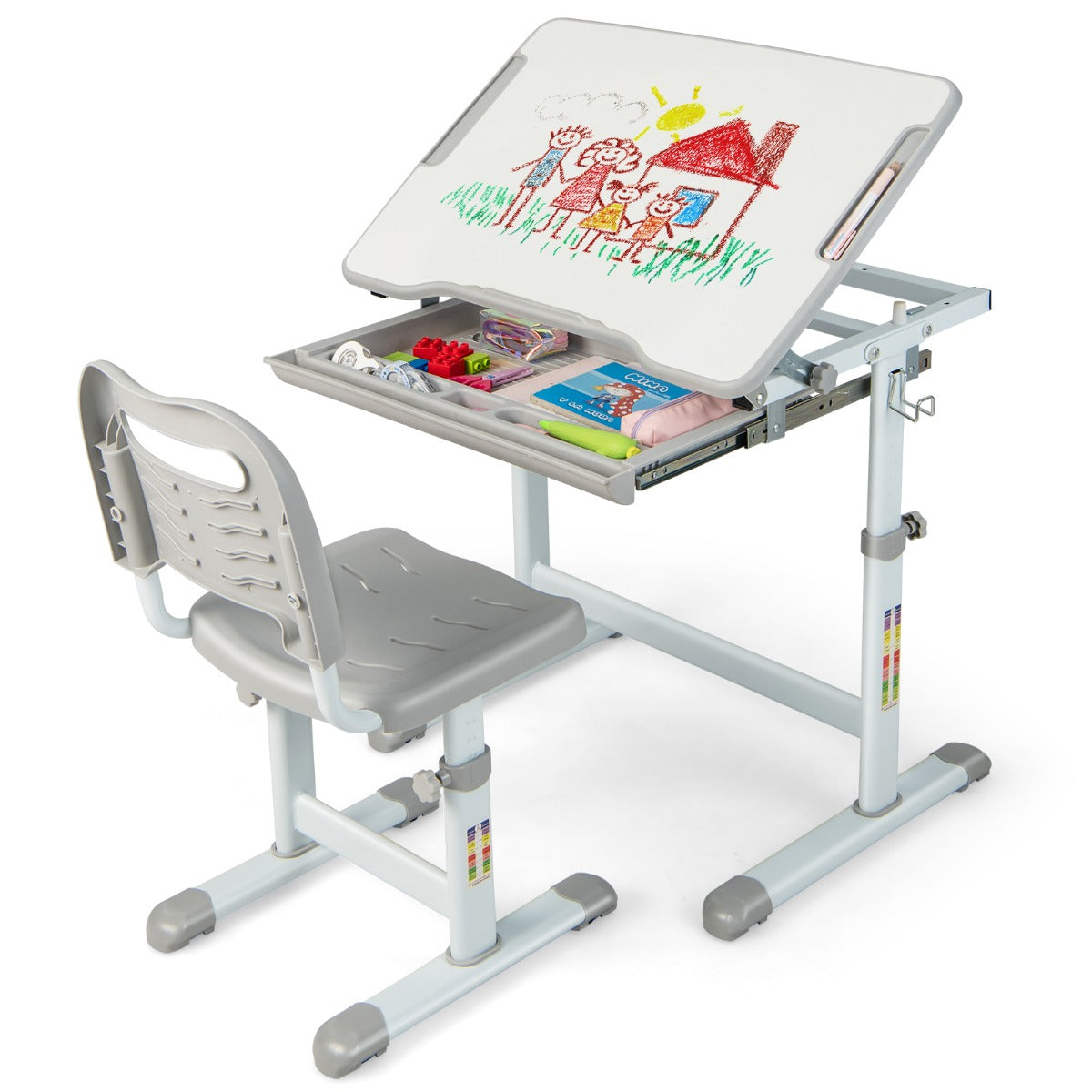 LIVSK Verstelbare Kinderbureau en Stoel Set - Ergonomisch Ontwerp - Gekanteld Tafelblad - Tot 100 kg - Grijs