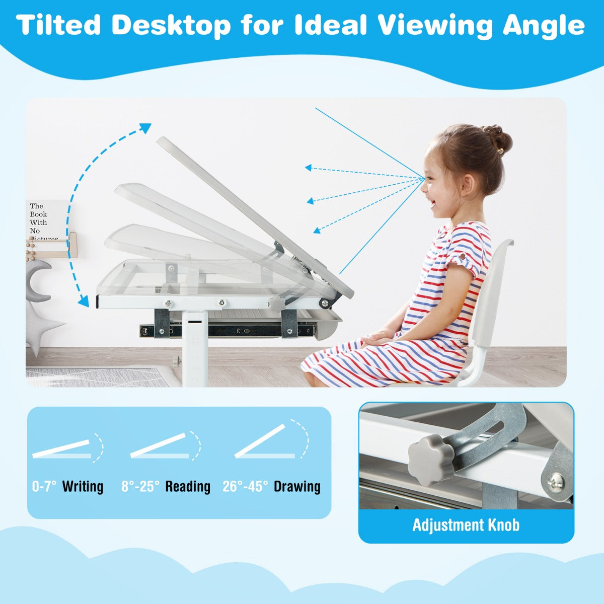 LIVSK Verstelbare Kinderbureau en Stoel Set - Ergonomisch Ontwerp - Gekanteld Tafelblad - Tot 100 kg - Grijs