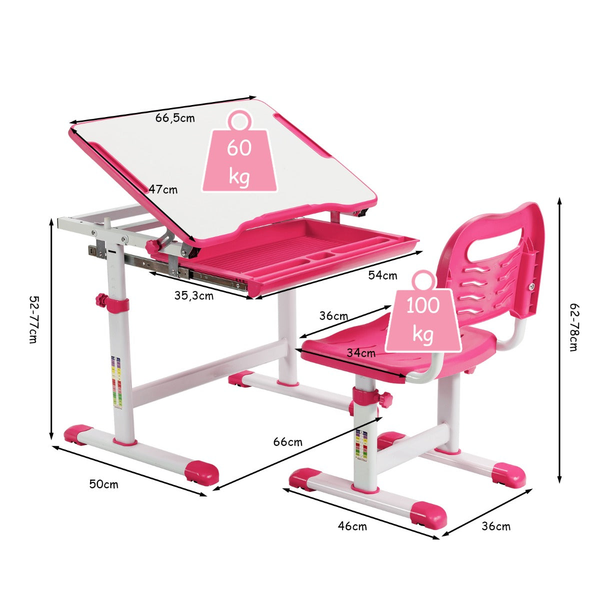 LIVSK in hoogte verstelbare kindertafel set - Ergonomisch ontwerp - Gekanteld tafelblad - Duurzaam MDF en ijzer - Roze