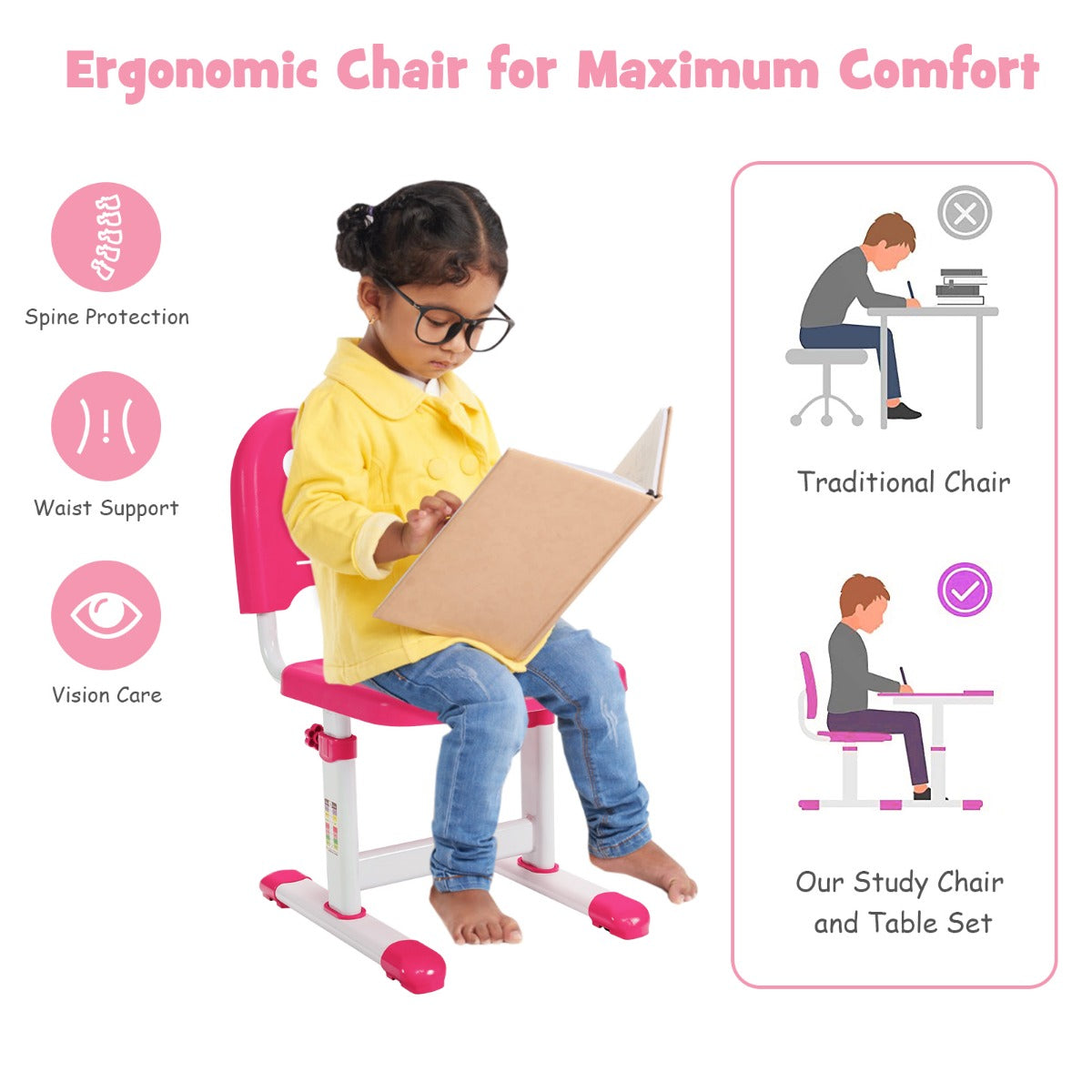 LIVSK in hoogte verstelbare kindertafel set - Ergonomisch ontwerp - Gekanteld tafelblad - Duurzaam MDF en ijzer - Roze