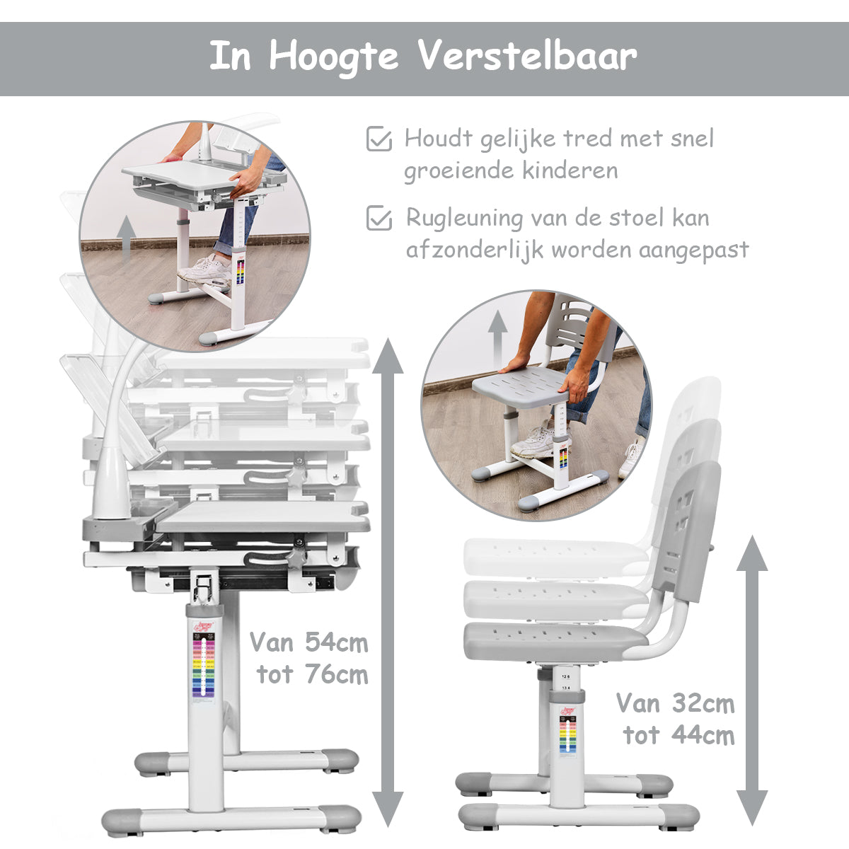 LIVSK Verstelbare Kinderbureau en Stoel Set - Hoogteverstelling - Gekanteld Bureaublad - Oogbescherming - Tot 80 kg - Grijs