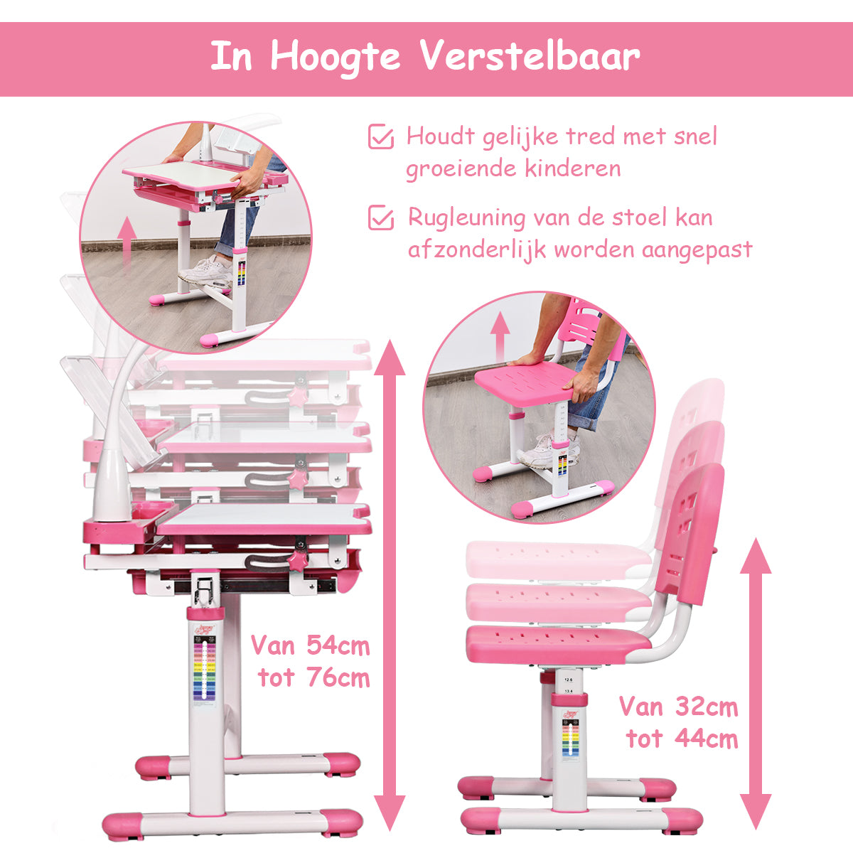 LIVSK Verstelbare Kinderbureau en Stoel Set - Hoogteverstelling - Gekanteld Bureaublad - Oogbeschermingslamp - Roze