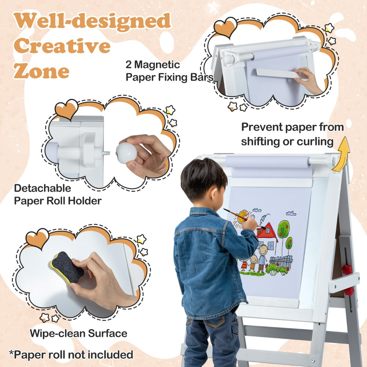 Livsk costway kinderen dubbelzijdige ezel met stoel in hoogte verstelbare staande ezel met krijtbord en whiteboard grijs wit 5