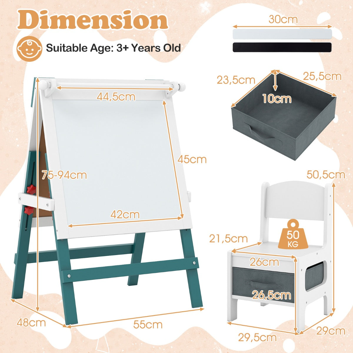 Livsk costway kinderen dubbelzijdige ezel met stoel in hoogte verstelbare staande ezel met krijtbord en whiteboard groen wit 1 1